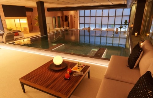 La zona de relax al lado de la piscina activa en Spa Valencia Congress