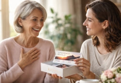 Mujer entrega un regalo a su madre y las dos son felices